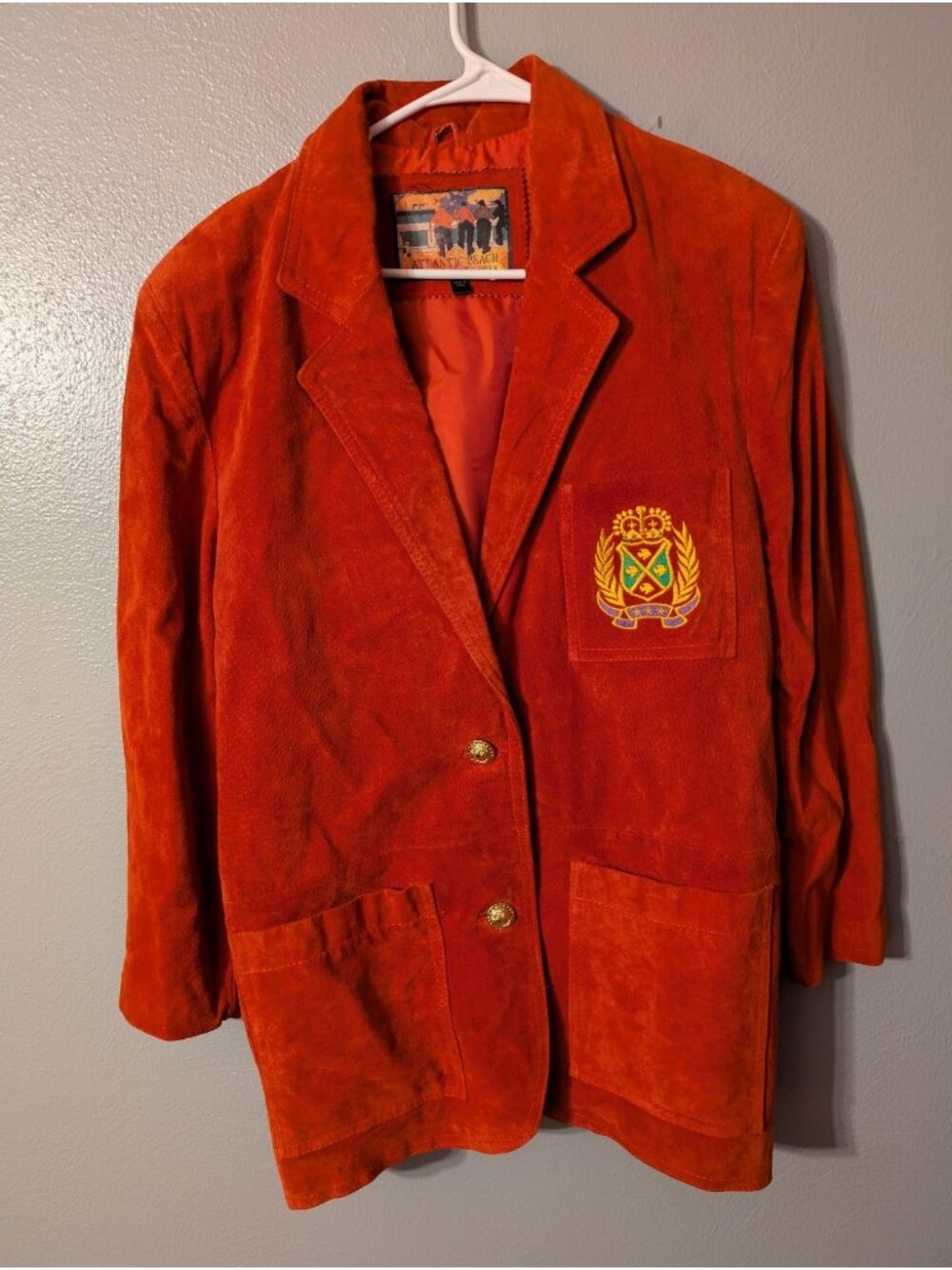 Vintage Atlantic Beach Suede Leather Blazer Jacket Rust Orange Crest Coat 90s M